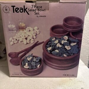 Vtg NOS 7pc Himark Teak Wood Gourmet Salad Bowl Set 1 Lg 4 Sm.Bowl & Servers